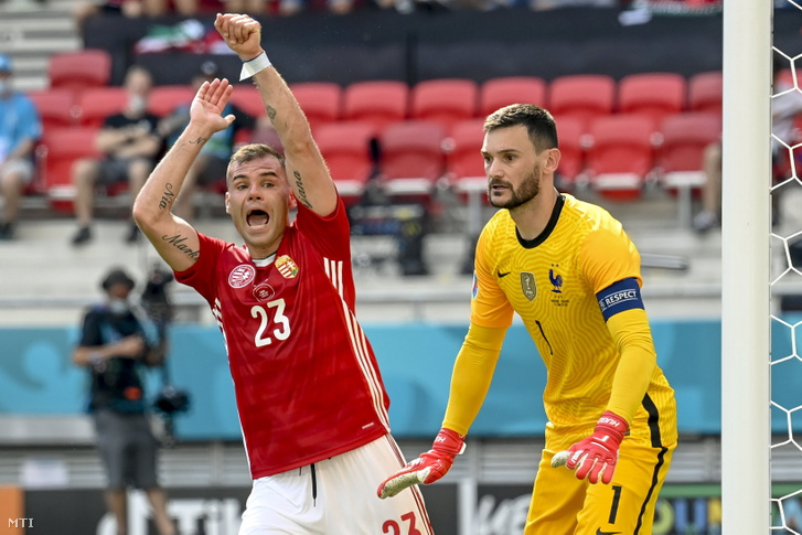 Nikolics Nemanja (bal) Magyarország–Franciaország mérkőzésen a Puskás Arénában 2021. június 19-én