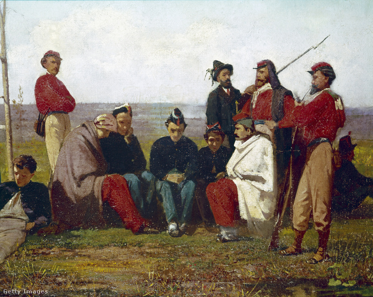 A Bourbon-sereg katonái Garibaldi vörösingeseinek fogságában egy 19. századi olajfestményen.