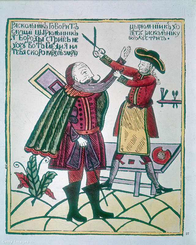 A cár nyirbálja a szakállakat (korabeli karikatúra)