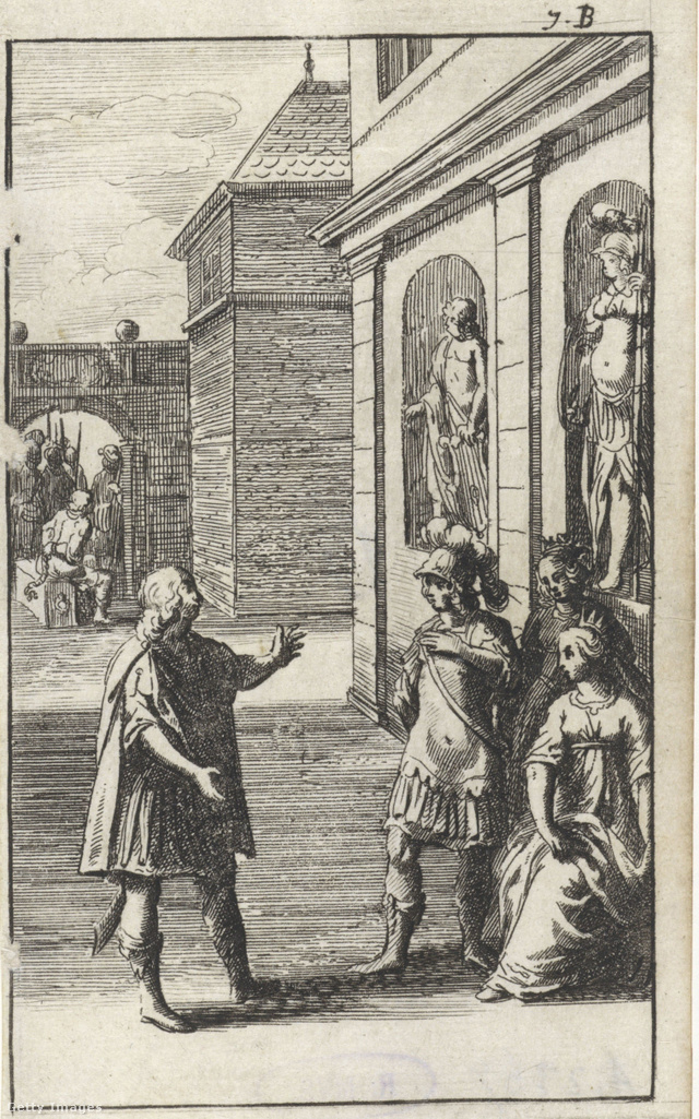 Kleopátra Szeléné egy másik koronás asszony és többek társaságában (17. századi illusztráció)