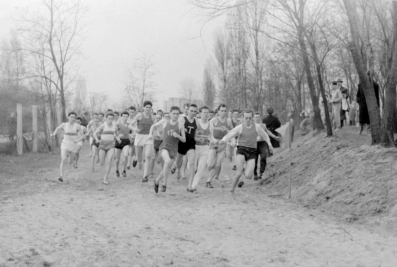 Budapest, 1961. március 12. A budapesti Spartacus idénynyitó mezei futóverseny felnőtt 4000 méteres mezőnye, a Spartacus-pálya körül.