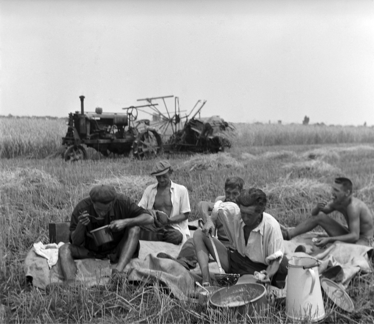 Budapest, 1953. július 6. Ebédelnek az aratók az újpesti Bán Tibor Termelőszövetkezet búzaföldjén