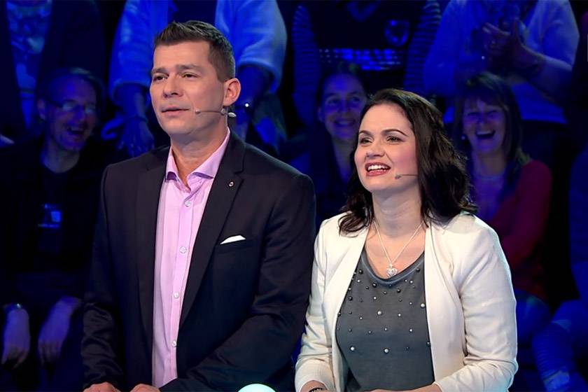 Konta Barbara és Halász Gábor 2018-ban, a TV2 Pénzt vagy éveket! című vetélkedőjében.
