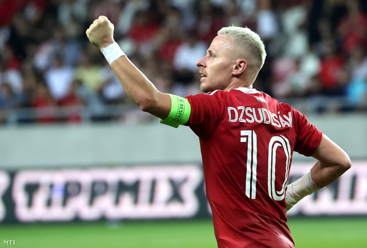 Dzsudzsák Balázs, a Debrecen játékosa ünnepli gólját a labdarúgó Konferencia-liga selejtezőjének második fordulójában játszott Debreceni VSC-Alaskert visszavágó mérkőzésen 2023. augusztus 3-án