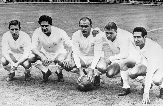 A Reál Madrid legendái (b-j): Raymond Kopa (Franciaország), Hector Rial (Argentína), Alfredo di Stefano (Argentína), Puskás Ferenc (Magyarország), Francisco Gento (Spanyolország), 1958. július 11-én.