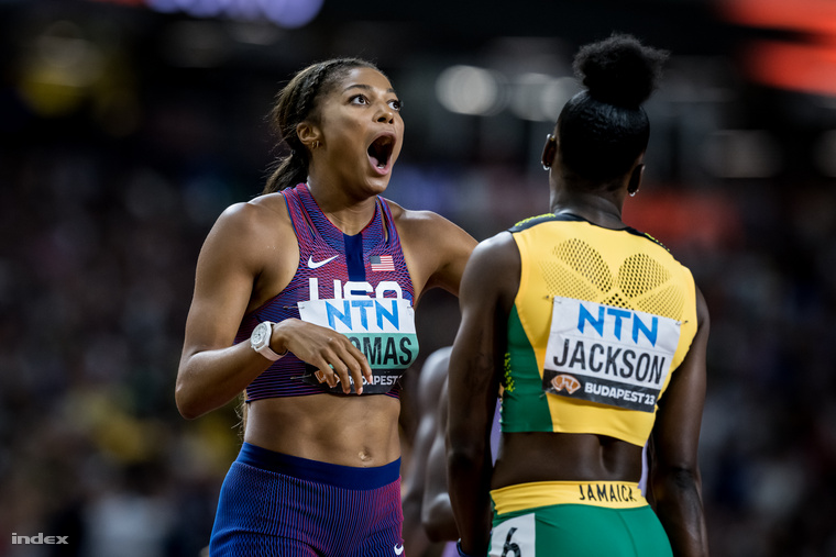 American Gabby Thomas (left), silver medalist in the women's 200m, and Jamaican Sherika Jackson on her back