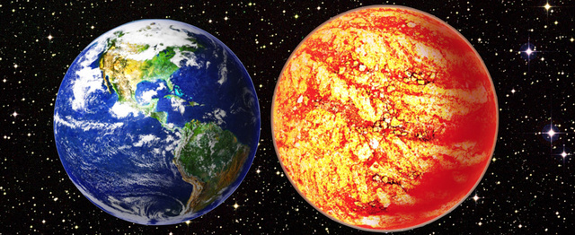 A Földet és az exobolygót összehasonlító illusztráció. A Kepler-78b tömege 1,69-1,86-szorosa a Föld tömegének, a sűrűsége majdnem azonos, azaz köbcentiméterenként mintegy 5,5 gramm.