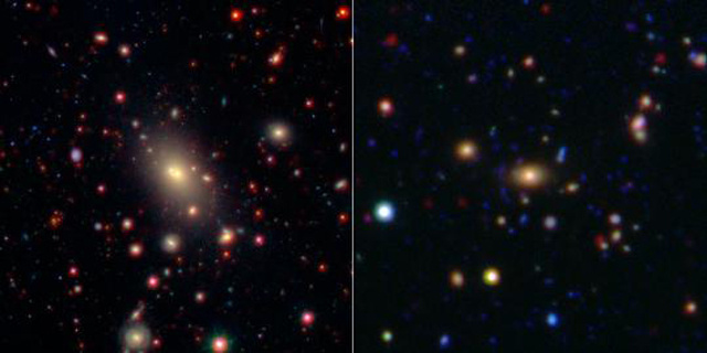 A baloldali kép az Abell 2199 galaxishalmazt ábrázolja, melynek 400 millió fényév a távolsága. A jobboldali képen az ISCS 1433.9+3330 jelű, 4,4 milliárd fényév távolságban fekvő halmaz látható.