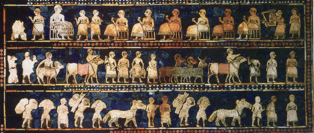 Emberek és állataik egy sumer mozaikon