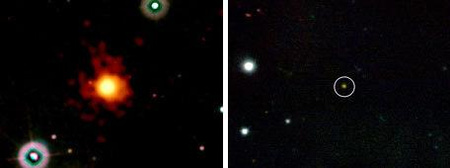 A rekorder villanás képe ultraibolya (balra) és infravörös fényben (jobbra). Utóbbi felvételt a Hawaii-szigeteken található északi Gemini teleszkóp készítette.