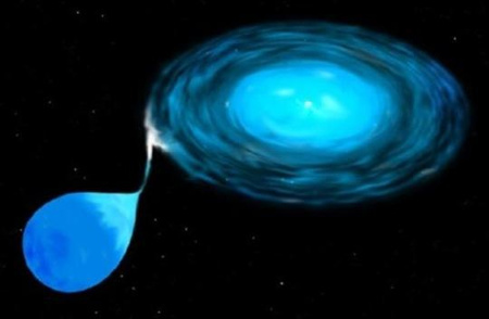 Fantáziarajz a kísérőjéről egy akkréciós korongon keresztül anyagot átszívó fehér törpéről. A folyamat végül a fehér törpe összeomlásához és szupernóva-robbanáshoz vezet (illusztráció: NASA)