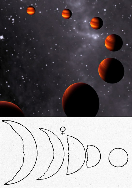 Felül: Fantáziarajz a CoRoT-1b keringési fázisairól, alul: Galilei rajza a Vénusz fázisairól (Leiden University)