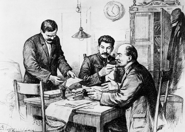 Molotov, Sztálin és Lenin a Pravda szerkesztőségében