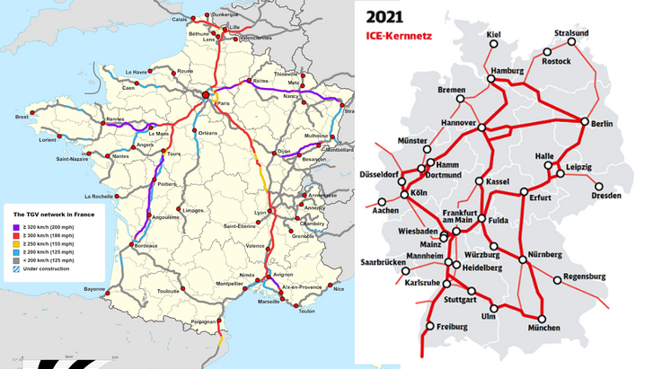 A francia (bal) és a német (jobb) hálózat egymással összevetve. - Térképek: Reddit/Baoooooo, Deutsche Bahn