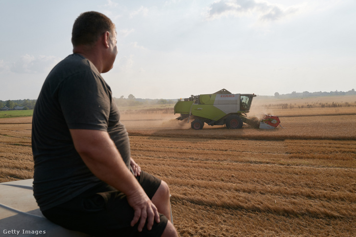 Mezőgazdasági munkások aratnak egy nagy árpaföldön az orosz határ közelében, Csernyihiv régióban 2023. augusztus 30-án