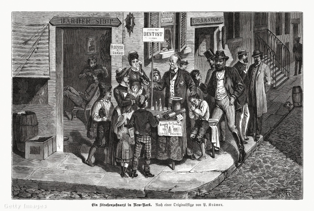 Az egyik legősibb foglalkozást ábrázoló metszeten ez a mozgó fogászat az 1880-as évek végén New York utcáin praktizált