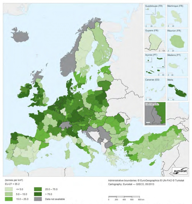 Tehéntej-termelés az EU régióiban 2011-ben (tonna/négyzetkilométer)