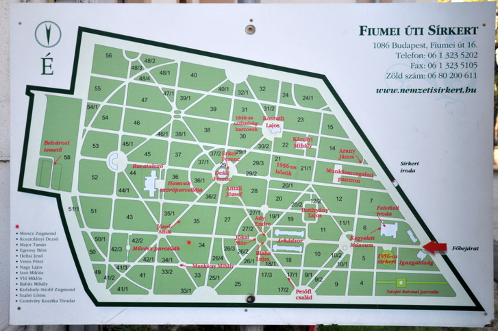 A temető térképe a bejáratnál található táblán