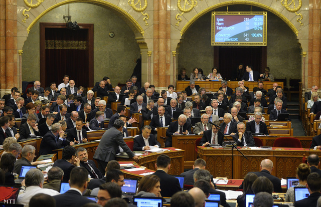 A 2014. évi adótörvényekről szóló szavazás eredménye a kijelzőn az Országgyűlés plenáris ülésén 2013. november 18-án.