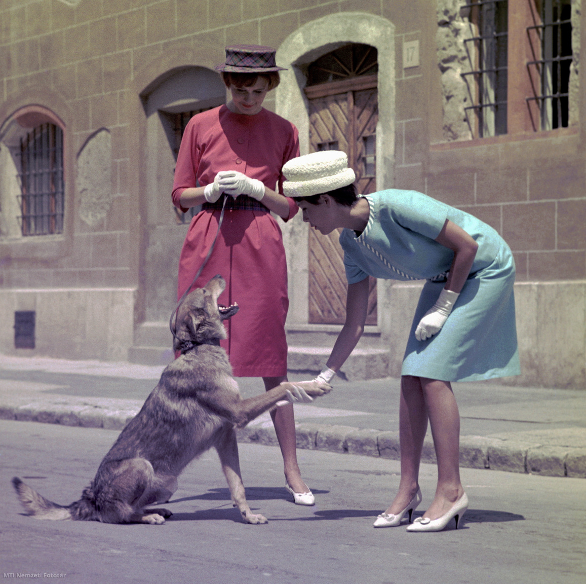 Budapest, 1961. augusztus 1. Manökenek divatruhákban egy kutyával pózolnak a budai várban, az Úri utcán
