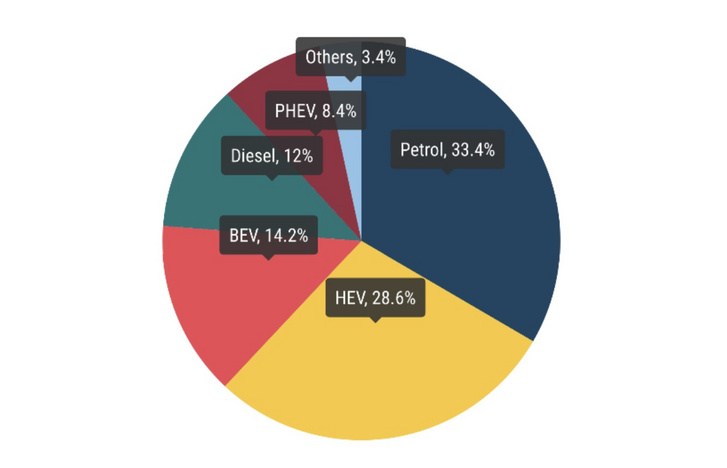 Így nézett ki az európai "autótorta" 203 októberében. (Petrol= benzinesek, HEV=hibridek, BEV=tisztán elektromosok, Diesel=dízelek, PHEV=pluginek, Others=egyebek, például a gázzal hajtott autók) Forrás: ACEA