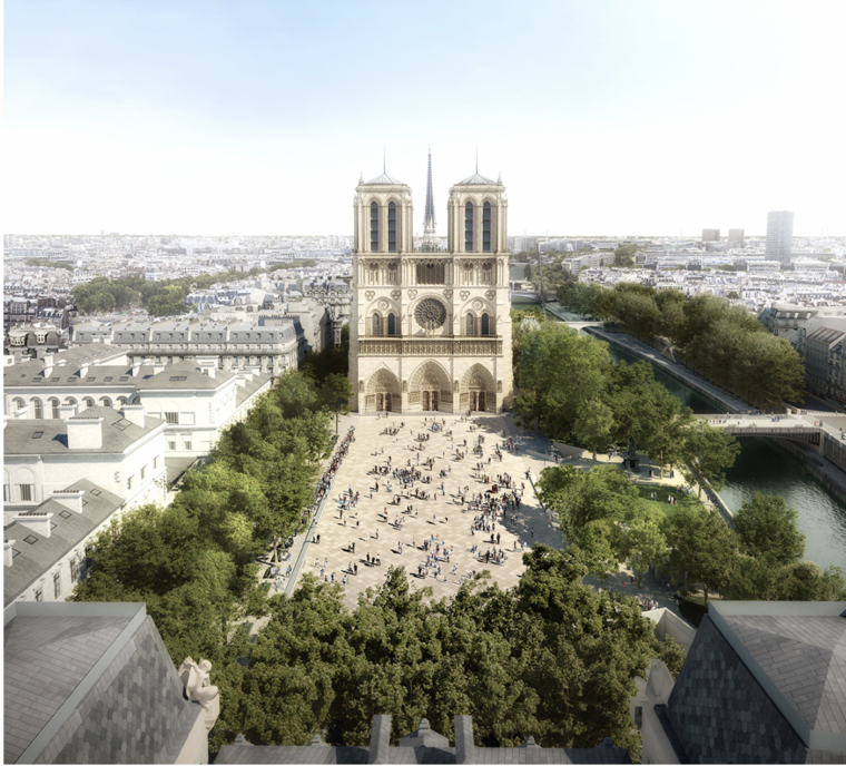 A Notre Dame előtti újjáépülő tér látványterve.