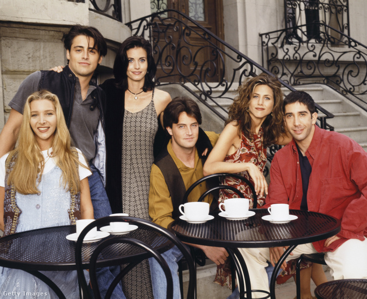 A Jóbarátok szereplői: Lisa Kudrow, Matt LeBlanc, Courtney Cox, Matthew Perry, Jennifer Aniston és David Schwimmer