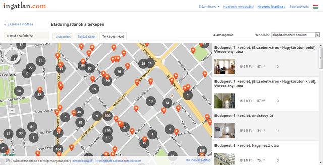Az ötszáz Andrássy úti hirdetést egyetlen körben egyesíti az ingatlan.com térképe. A házszámmal megadott lakások pontos helyét narancssárga jelek mutatják