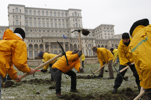Greenpeace-aktivisták a román parlament előtt