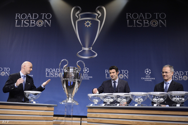 Az UEFA főtitkára Gianni Infantino, Luis Figo és az UEFA versenyigazgatója Giorgio Marchetti.