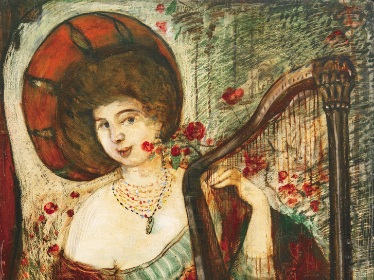 Gulácsy Lajos festménye, a Régi instrumentumon játszó hölgy
