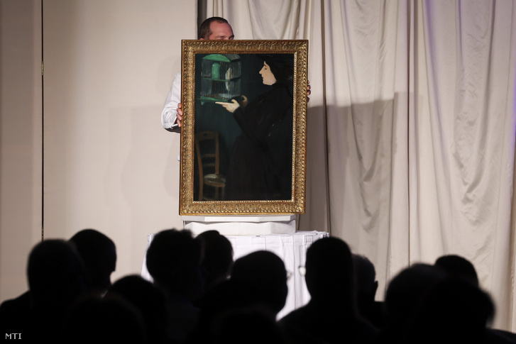 Rippl-Rónai József Kalitkás nő I. című, 220 millió forintért elárverezett festménye a Kieselbach Galéria és Aukciósház téli aukcióján a Marriott Hotelben 2023. december 17-én