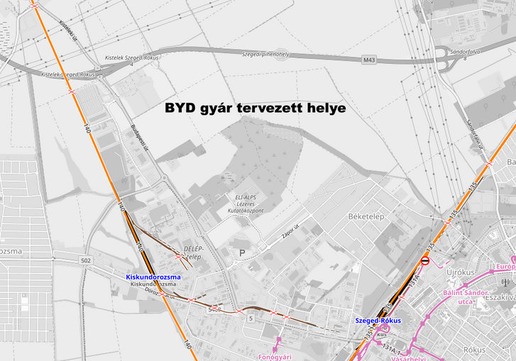 A BYD gyárának tervezett helye - Térkép forrása: Open Railway Map