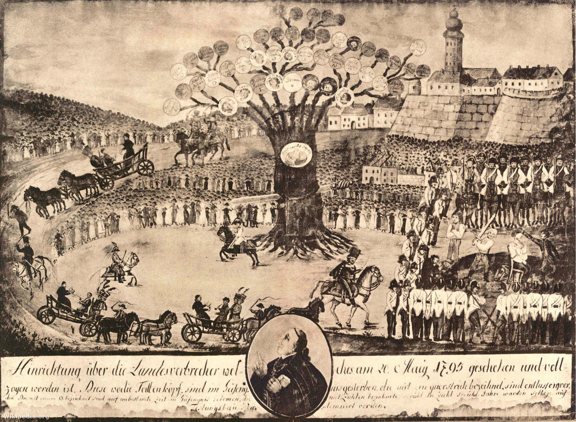 Martinovics és társai kivégzése a Vérmezőn. Egykori szemtanú vízfestménye, 1795. május 20., Buda