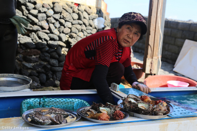 Egy koreai haenyeo nő a saját maga által felhozott tengeri herkentyűket árulja