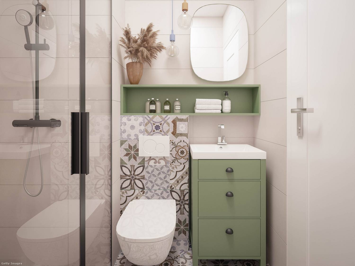 Egy jól eltalált szín- és mintaválasztás az aprócska fürdőszobák hangulatán is meglátszik.