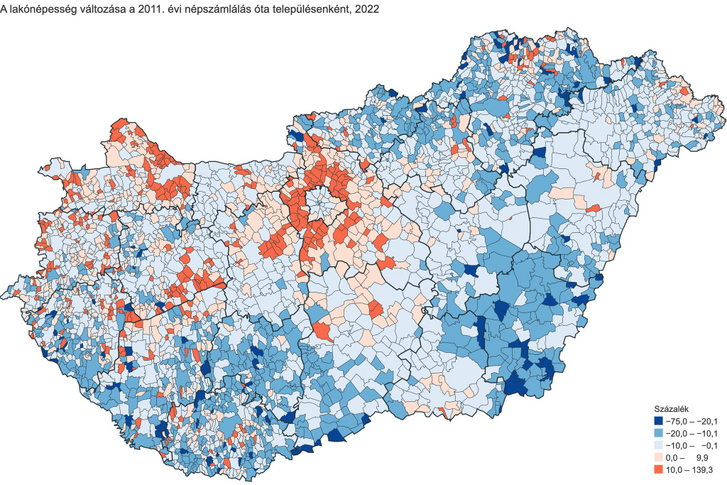 Magyarország népességváltozása 2011 és 2022 között településenkénti bontásban - Forrás: KSH