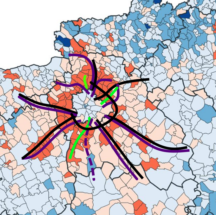 Az agglomeráció népességváltozási térképe a főbb közlekedési útvonalak hozzávetőleges jelölésével (lila - vasútvonal, zöld - HÉV, fekete - gyorsforgalmi út)