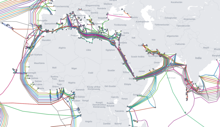 Térkép az Észak-Afrika környéki tenger alatti adatkábelekről 2024-ben
