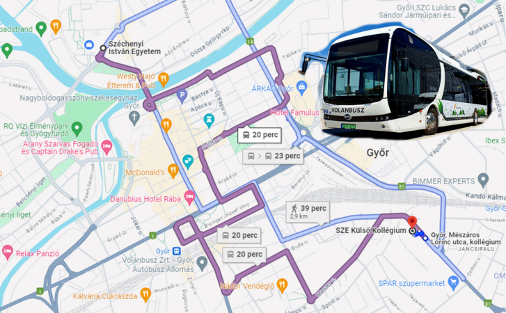 A 9-es busz útvonala a Google Maps szemléltetésén