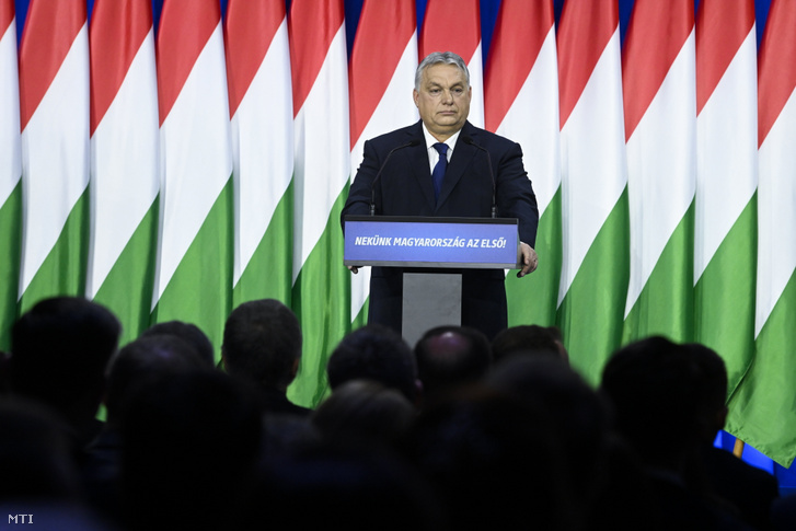 Orbán Viktor miniszterelnök évértékelő beszédét tartja a Várkert Bazárban 2024. február 17-én