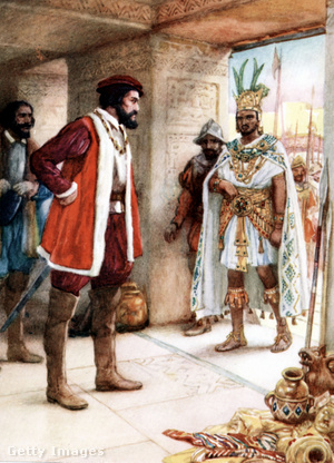 Cortés vendéglátójával, II. Moctezuma azték uralkodóval