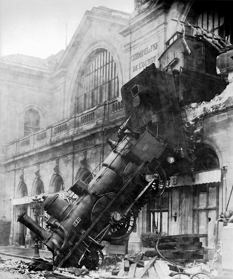 A locomotive breaking through the station wall in Paris on 22 October 1895