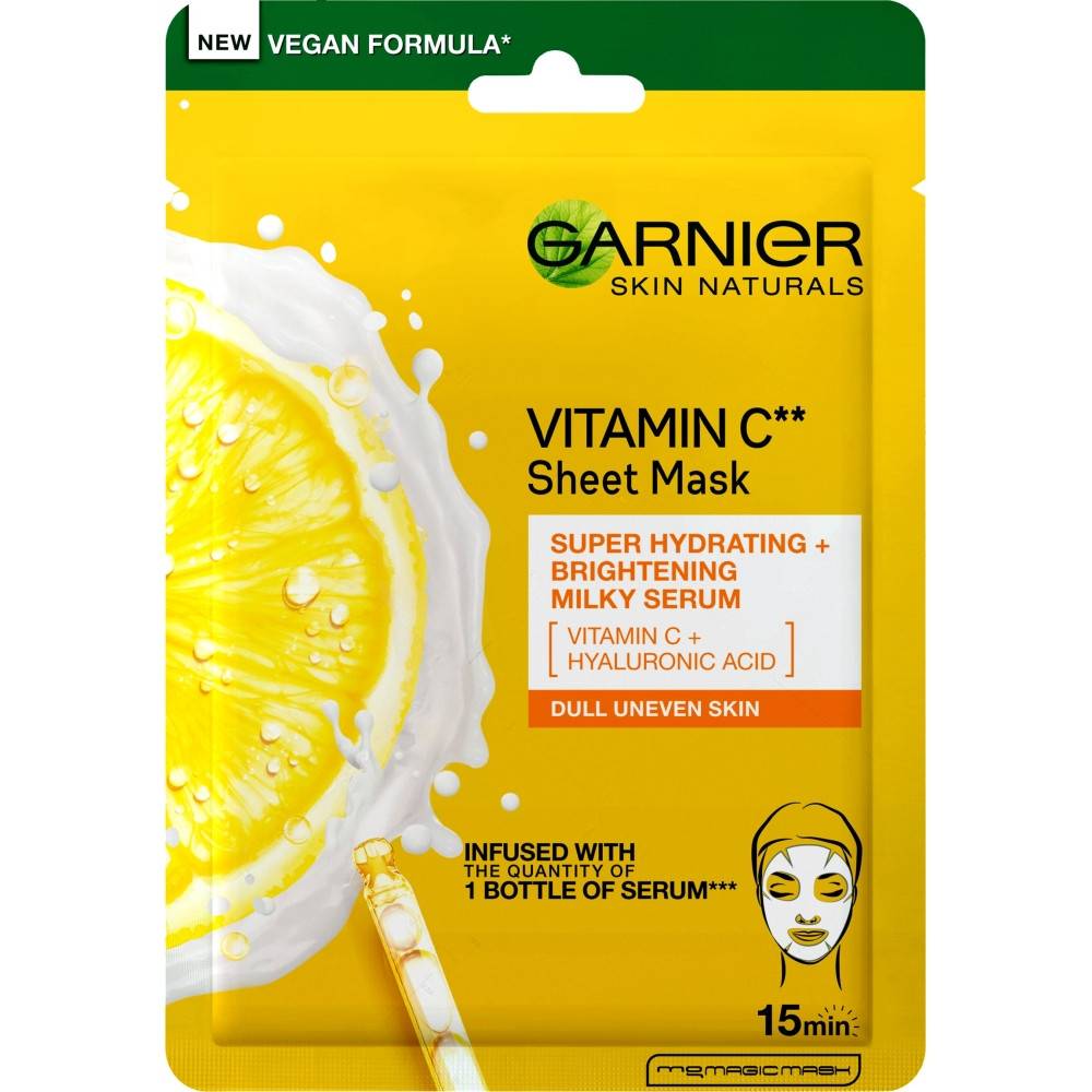 A Garnier Garnier Skin Naturals Fátyolmaszk C-Vitaminnal egy teljes üvegnyi szérumot tartalmaz hialuronsavval, így gondoskodik arról, hogy a 15 perces hatóidő alatt látványosan ragyogóvá tegye a bőrt. 1099 forintba kerül.