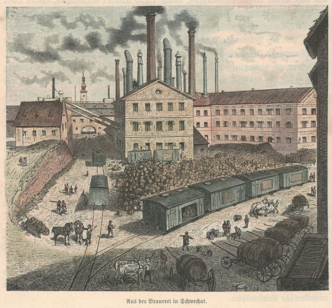 A klein-schwechati sörgyár látképe, színezett fametszet (1888)
