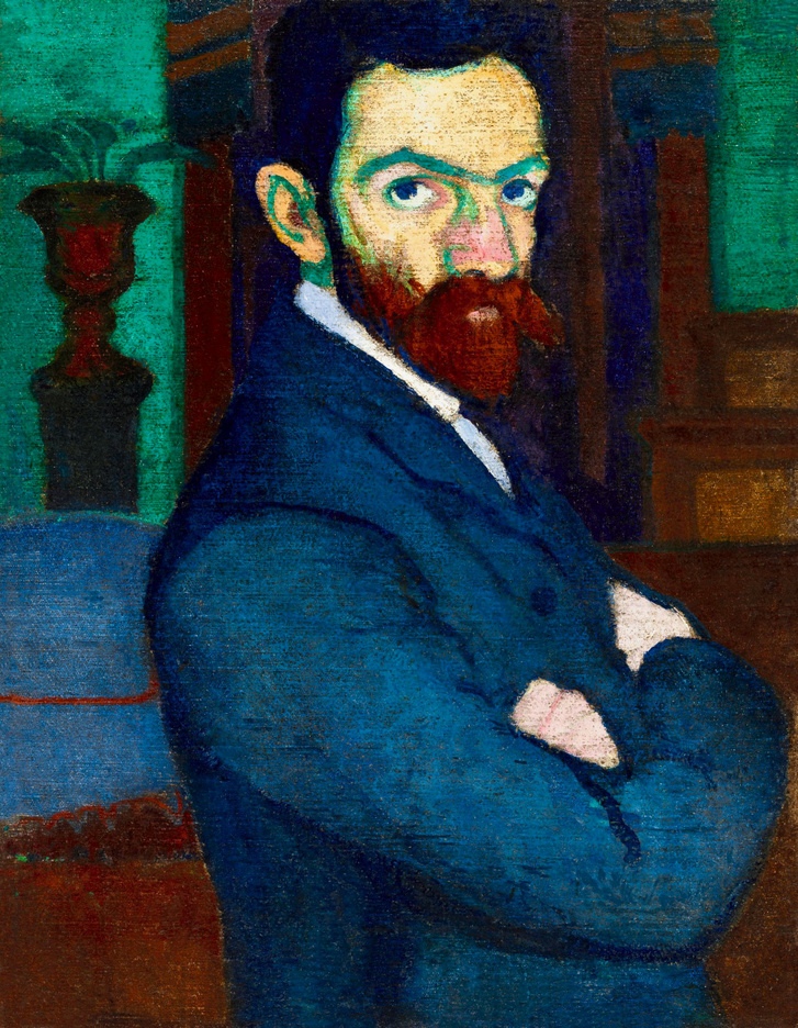Ziffer Sándor (1880–1962) Önarckép zöld falú nagybányai műteremben festőállvánnyal, 1907 körül