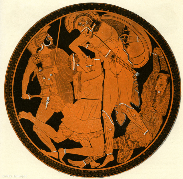 Pentesilea, reina de las Amazonas, y Aquiles se pelean por un jarrón griego.  Según la leyenda, la mujer fue asesinada por Aquiles durante la Guerra de Troya.