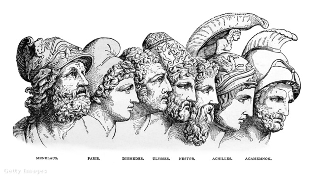 A trójai háború hősei: Menelaosz, Párizs, Diomédész, Odüsszeusz, Nesztor, Akhilleusz és Agamemnon