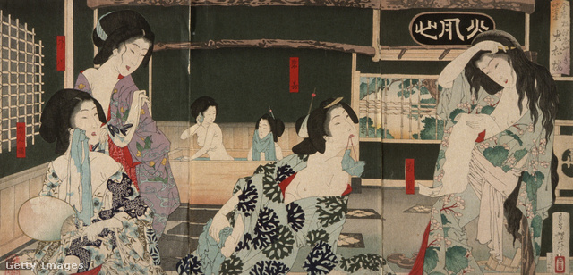 Fürdőző nők. Cukioka Jositosi metszete (1883)