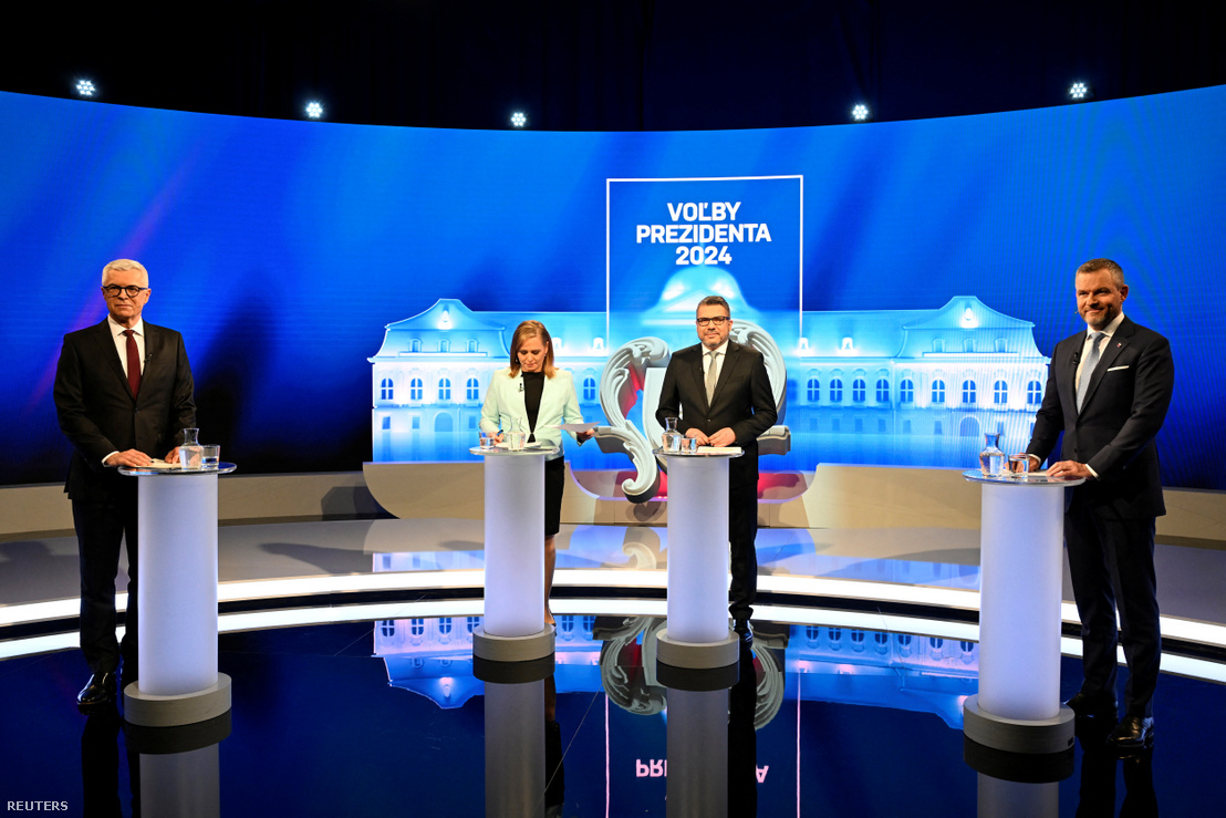 Ivan Korcok és Peter Pellegrini szlovák elnökjelöltek televíziós vitája a szlovákiai elnökválasztás második fordulója előtt a pozsonyi TV RTVS-ben 2024. április 3-án